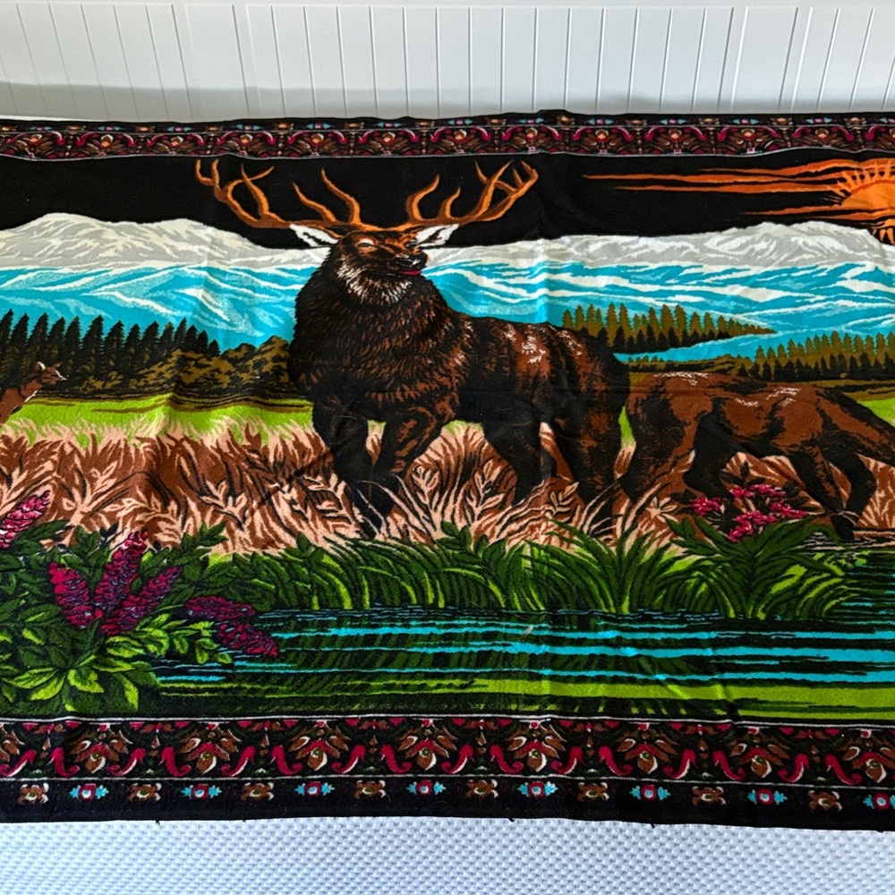 Vintage Turkish Velvet Elk Wall Tapestry 55x38 Lodge Cabin Decor